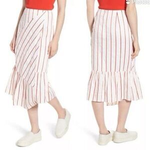 LEWIT Size 14 FAUX WRAP RED POPPY KIEV STRIPE LINEN BLEND ASYMMETRICAL SKIRT